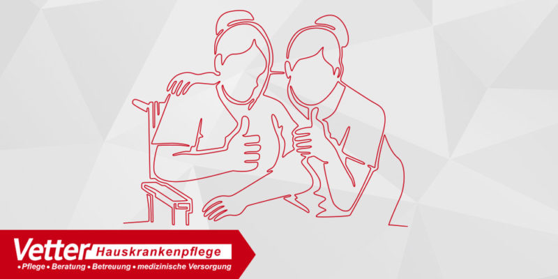 Rote Line-Art-Illustration einer Pflegekraft und einer Seniorin im Rollstuhl, die beide lächelnd den Daumen nach oben zeigen. In der unteren Ecke das Logo der Vetter Hauskrankenpflege mit den Schwerpunkten Pflege, Beratung, Betreuung und medizinische Versorgung.